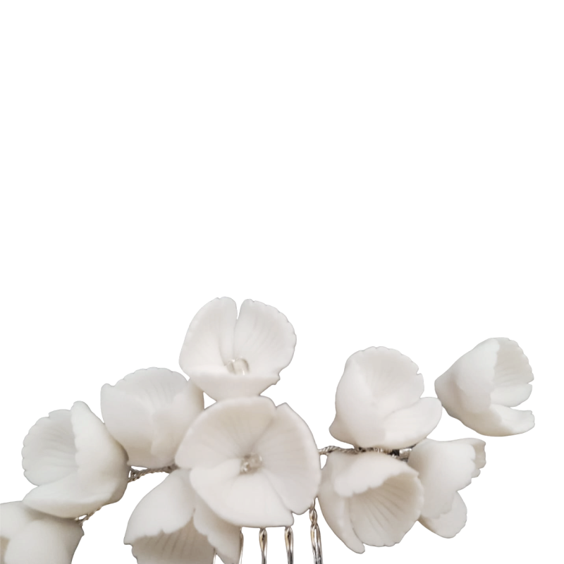Arranjo de cabelo noiva flores de porcelana branca e cristais