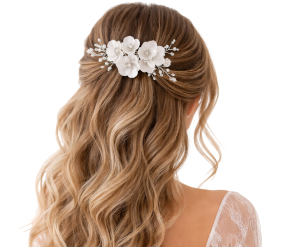 Arranjo de cabelo noiva flores madrepérola e pérolas luxo