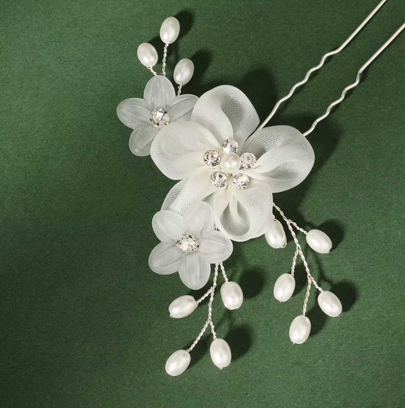 grinalda b477 (2) Kit grinalda de noiva com 3 peças pente e grampos florais brancos