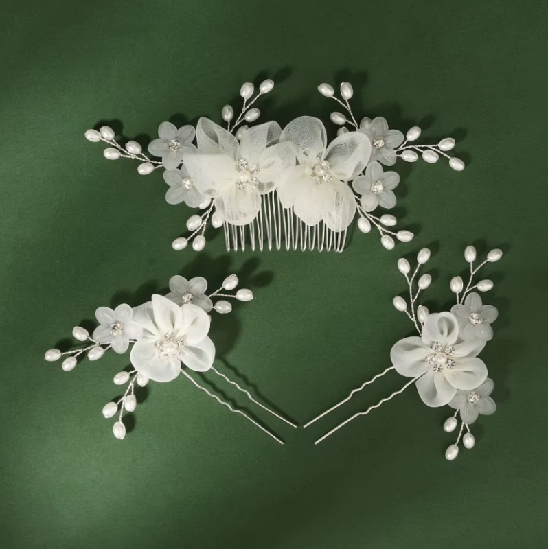grinalda b477 (3) Kit grinalda de noiva com 3 peças pente e grampos florais brancos