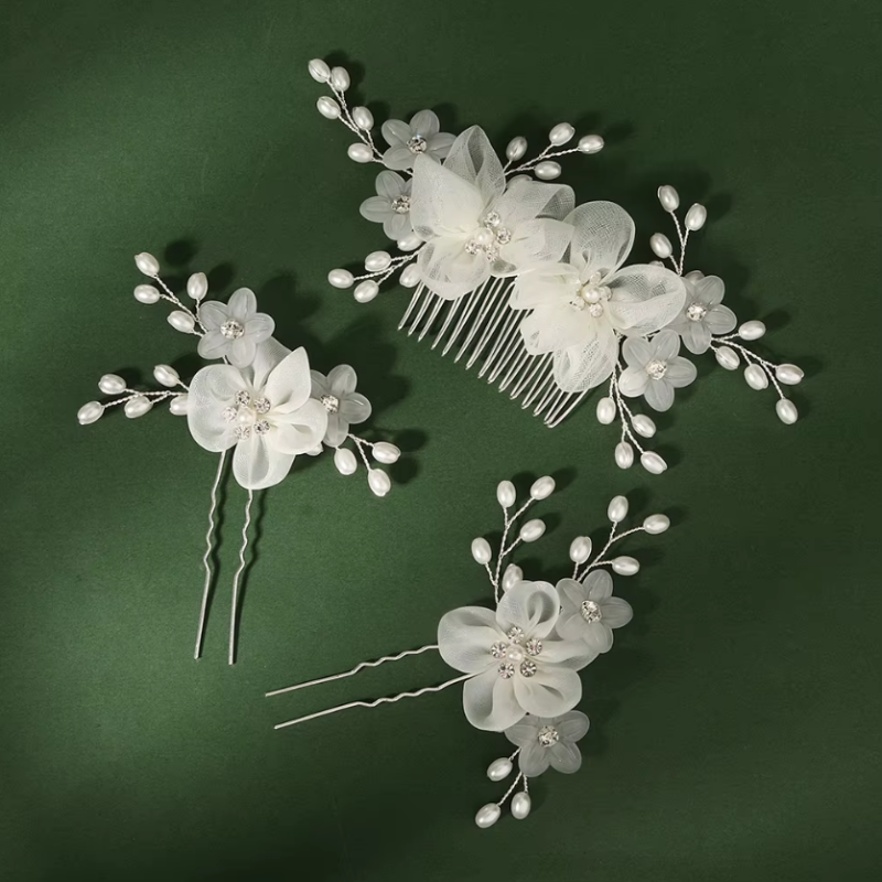 grinalda b477 (4) Kit grinalda de noiva com 3 peças pente e grampos florais brancos