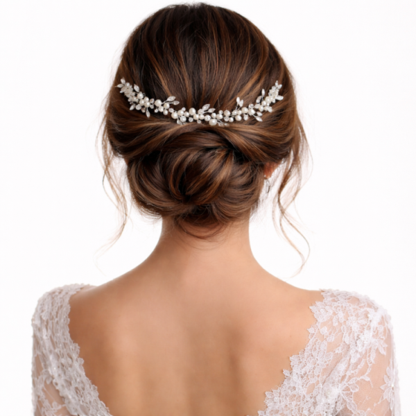 Grinalda delicada noiva cristais e pérolas design slim prata