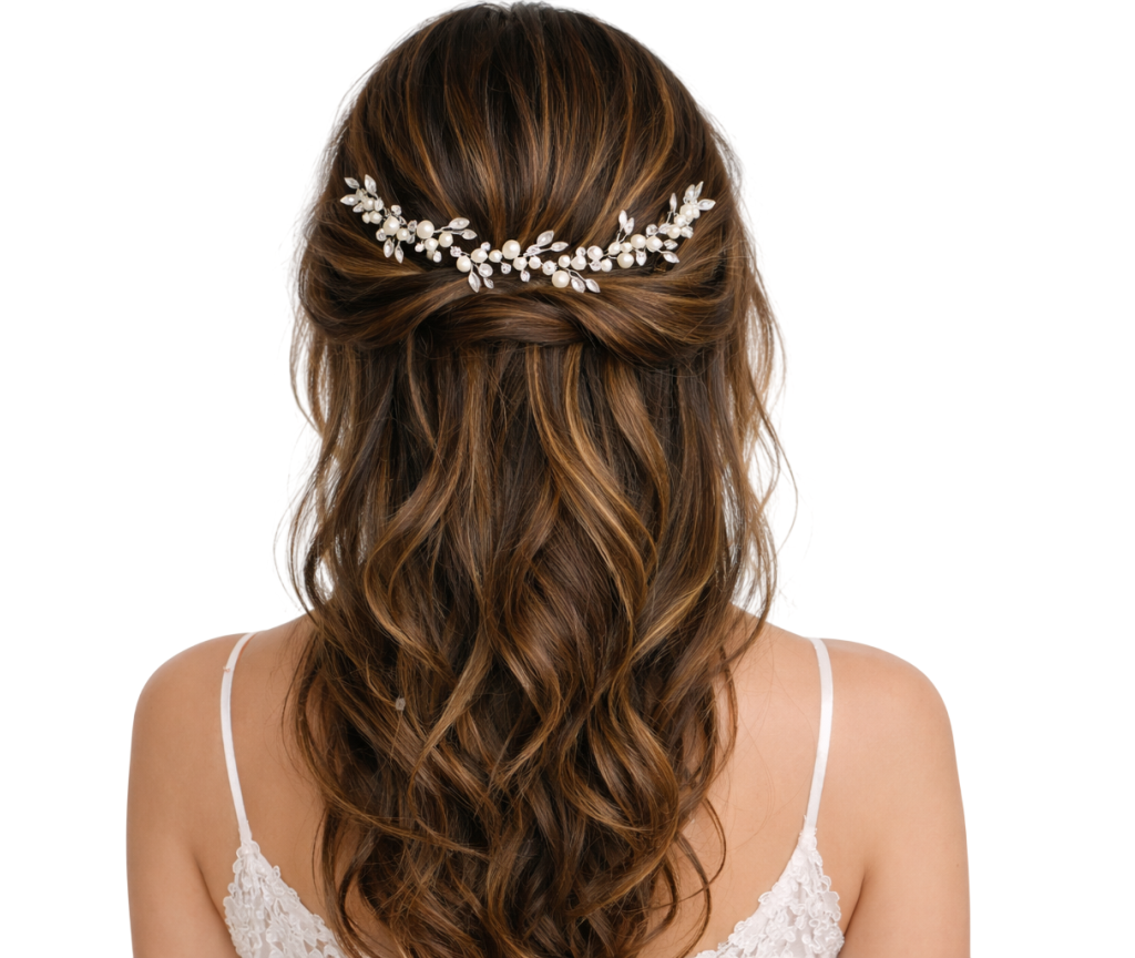 grinalda b486 Grinalda delicada noiva cristais e pérolas design slim prata