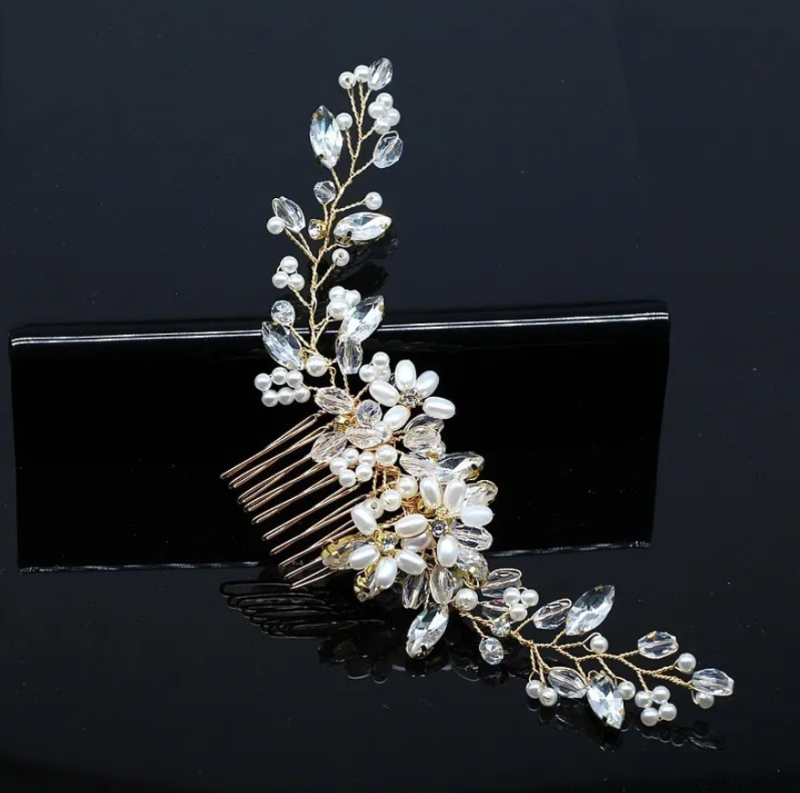 grinalda Arranjo de cabelo noiva com ramos de cristais e pérolas luxo