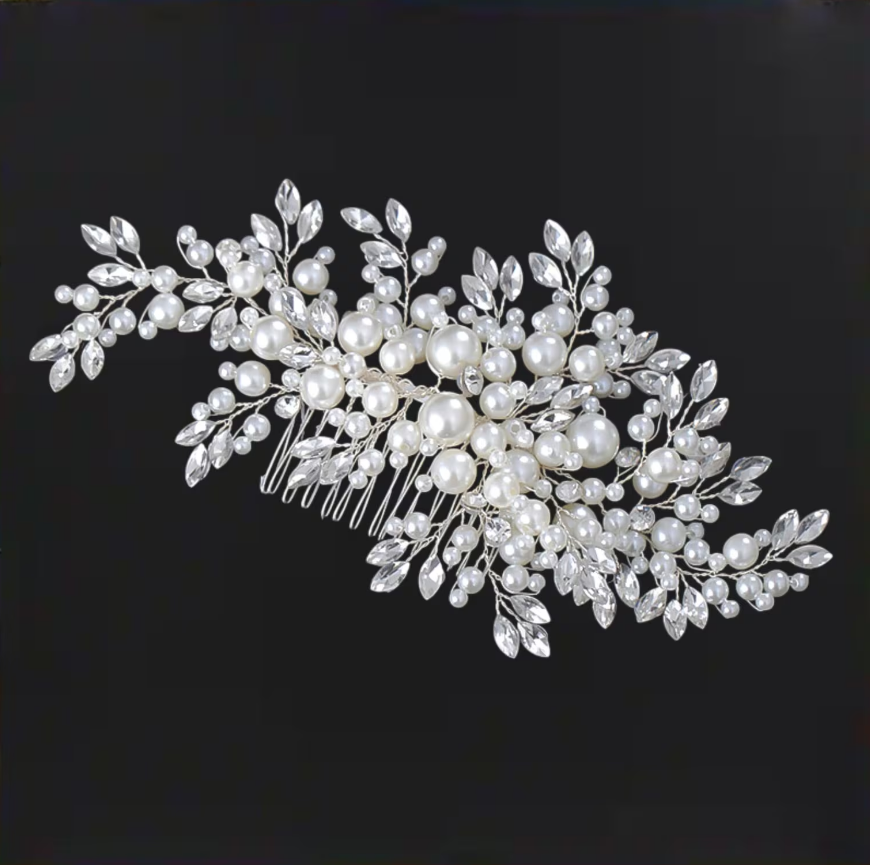 Grinalda de pérolas para noiva com cristais e ramos prateados luxo