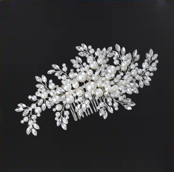 Grinalda de pérolas para noiva com cristais e ramos prateados luxo