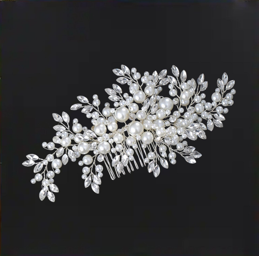 Grinalda de pérolas para noiva com cristais e ramos prateados luxo