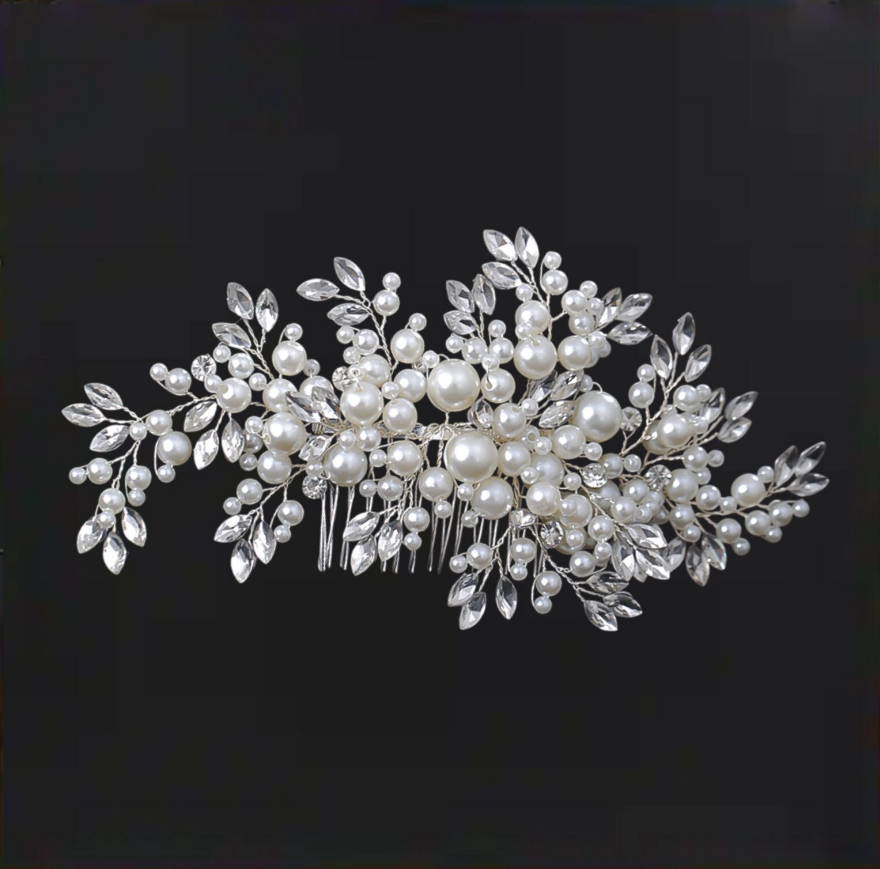 Grinalda de pérolas para noiva com cristais e ramos prateados luxo