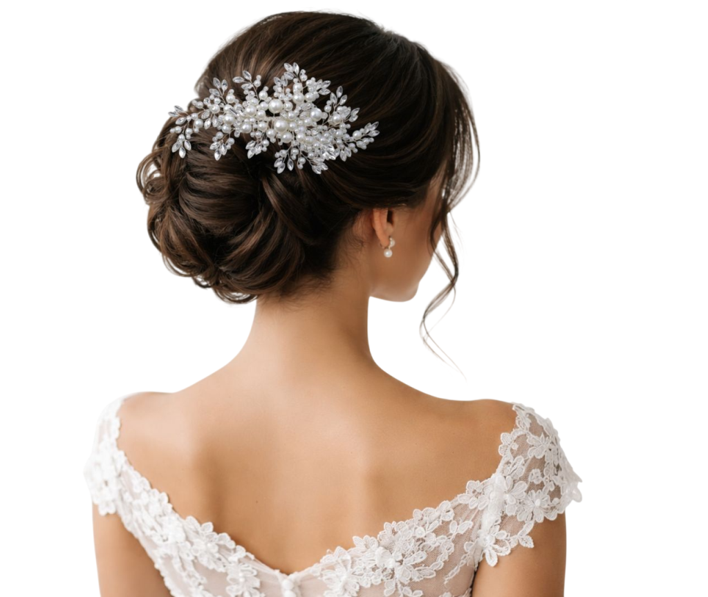 Grinalda de pérolas para noiva com cristais e ramos prateados luxo