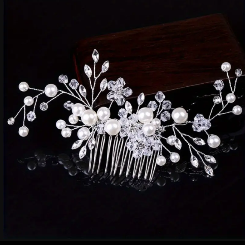Pente de cabelo noiva luxo com pérolas e flores de cristal