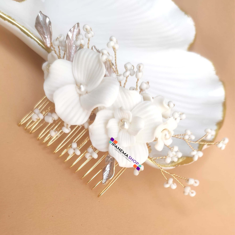 Arranjo de cabelo grinalda noiva flores de porcelana branca e cristais