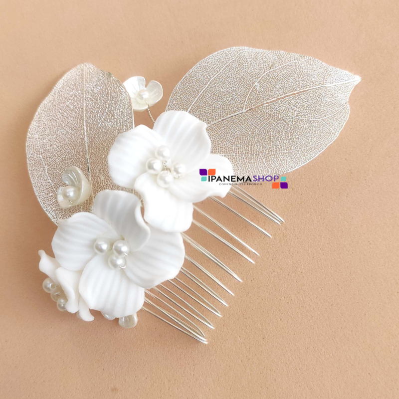 Arranjo de cabelo grinalda noiva flores de porcelana branca e cristais