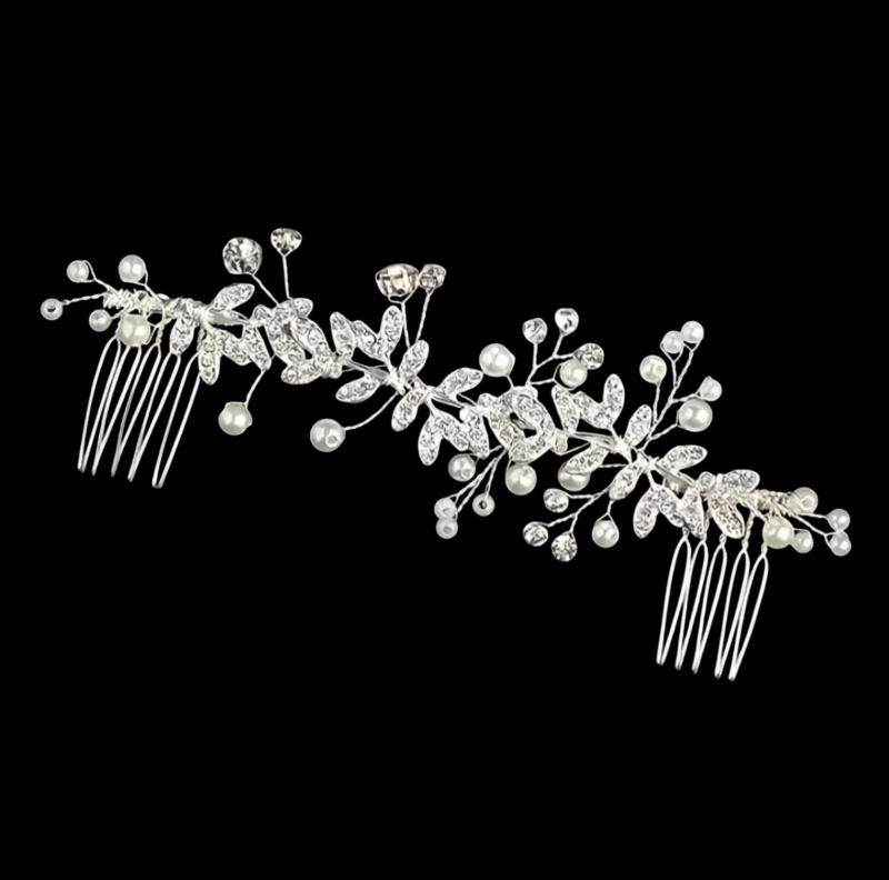 Pente de cabelo noiva luxo com pérolas e flores de cristal