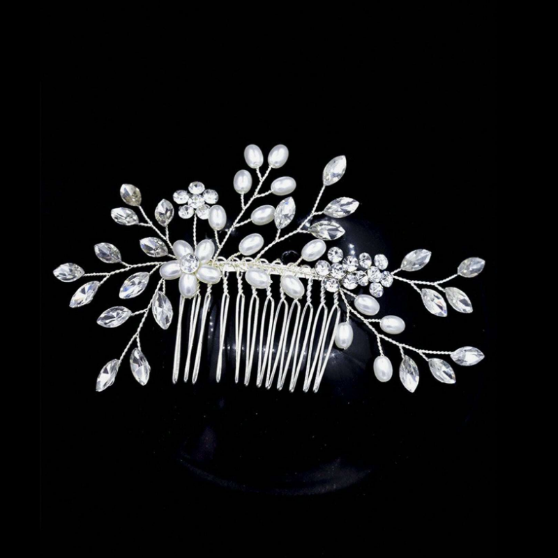 Pente de cabelo noiva luxo com pérolas e flores de cristal
