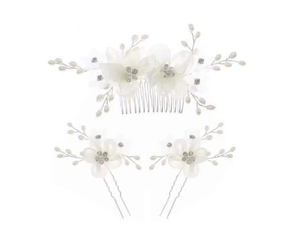 Kit grinalda de noiva com 3 peças pente e grampos florais brancos