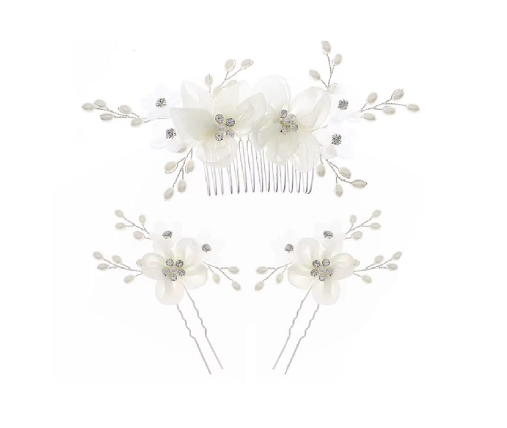 grinalda kit b477 Kit grinalda de noiva com 3 peças pente e grampos florais brancos