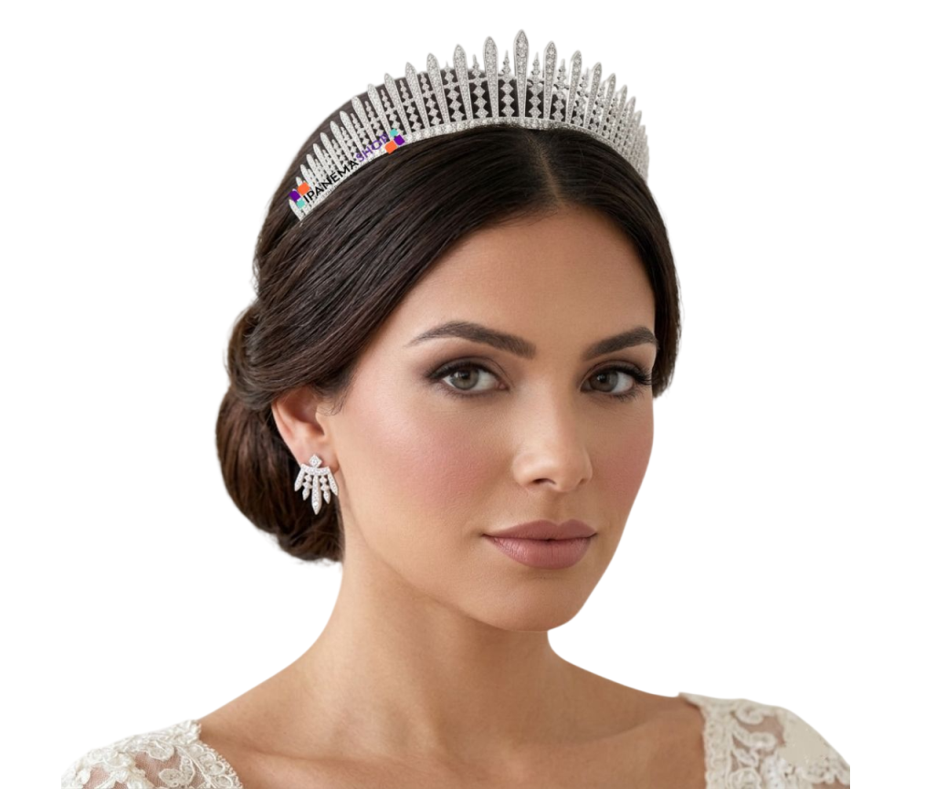 tiara coroa de noiva clássica de strass prateada com design de pontas em cristais strass lapidados