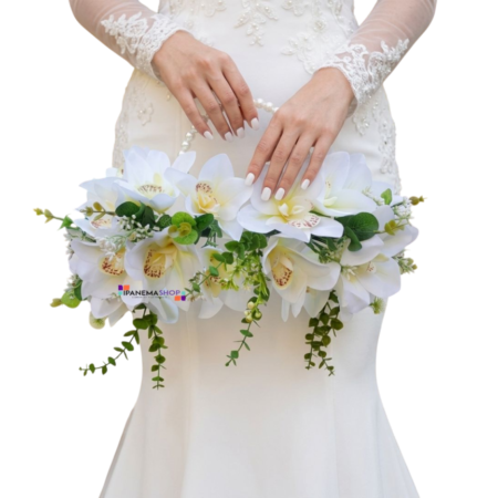 Buquê Bolsa de Orquídeas Brancas com Alça de Pérolas – Buquê de Noiva Luxo