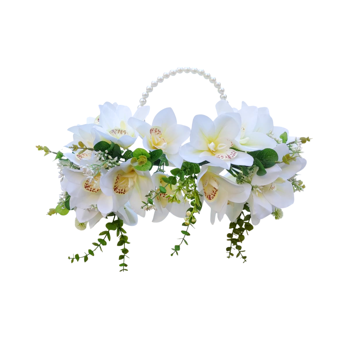Buquê bolsa para noiva com orquídeas permanentes brancas, folhagens delicadas e alça de pérolas luxo para casamento civil