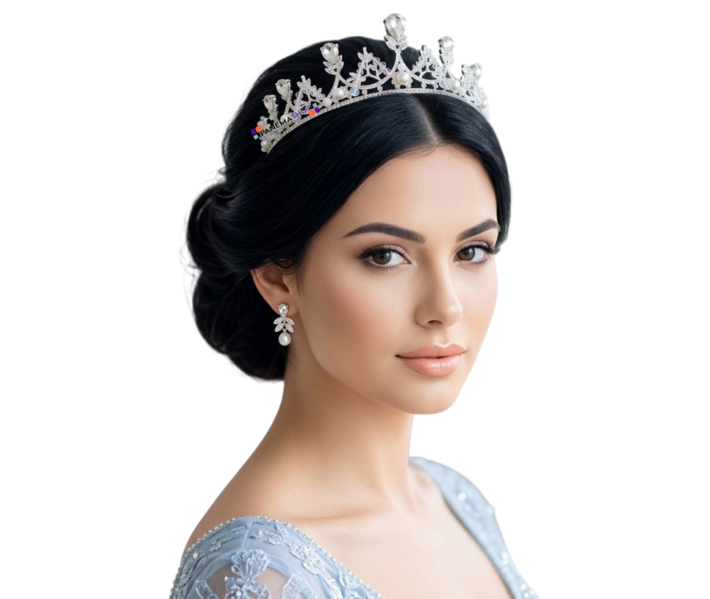Coroa prateada de luxo para noiva ou debutante, vista de frente em fundo preto. A peça possui cristais em formato de gota e redondos, intercalados com pérolas brancas delicadas. Altura de 5,5cm.