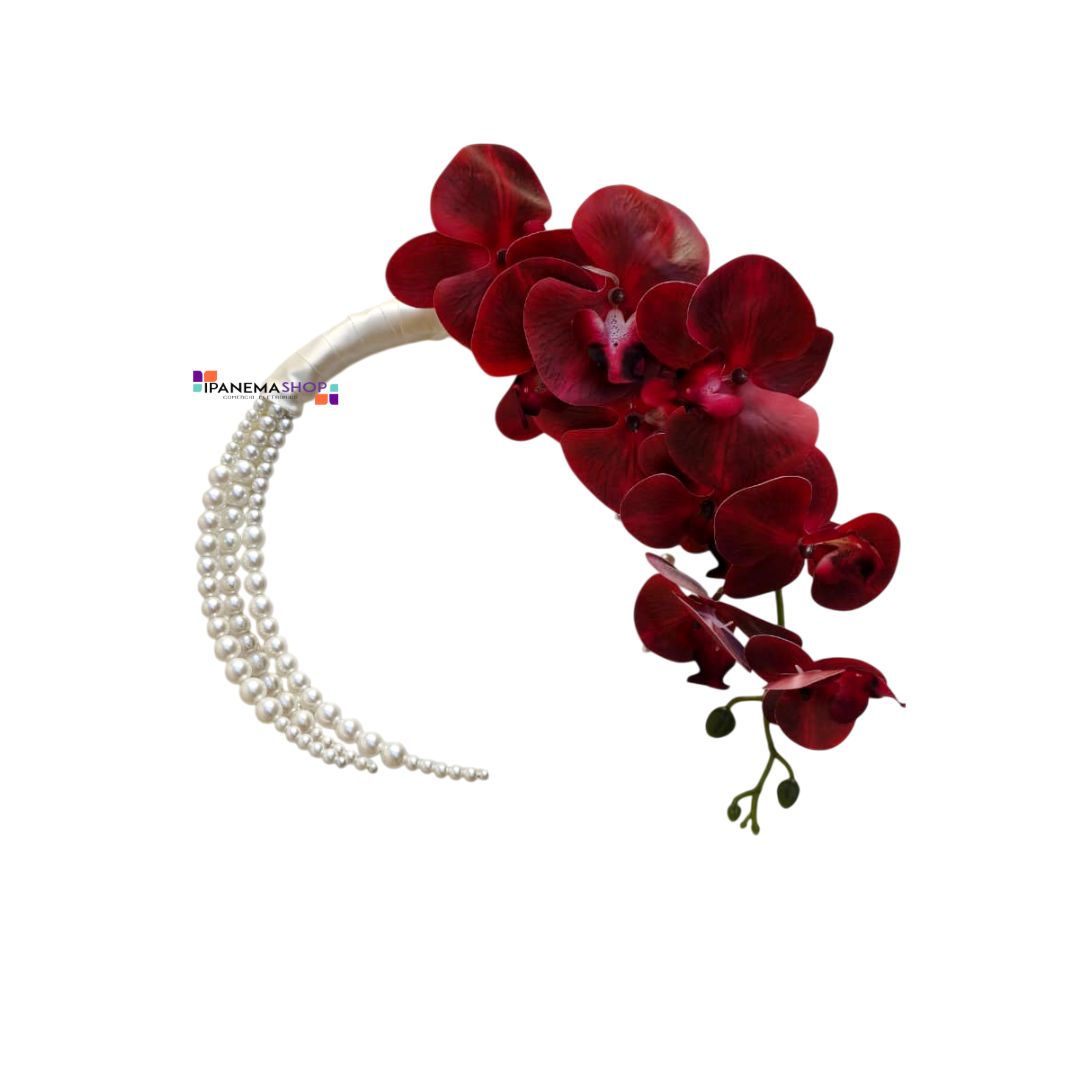 buquê de noiva moderno aro de pérolas hoop bouquet de orquídeas marsala