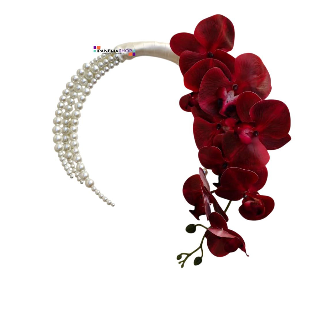 buquê de noiva moderno aro de pérolas hoop bouquet de orquídeas marsala