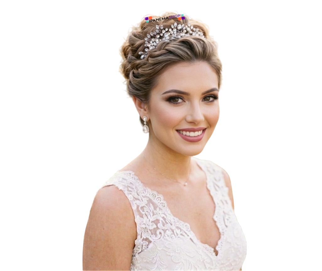 Noiva elegante vestido de renda cabelo com arranjo de pérolas e brilho