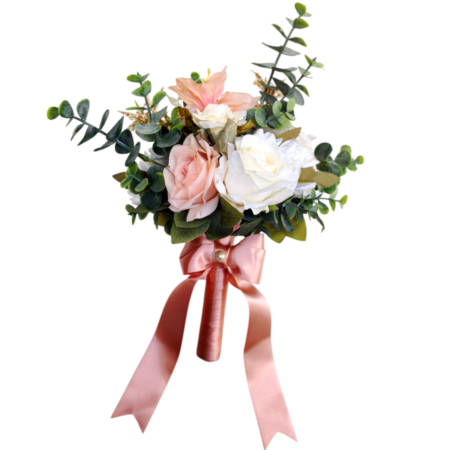 Buquê de Noiva Permanente Tons Pastel com Rosas e Eucalipto