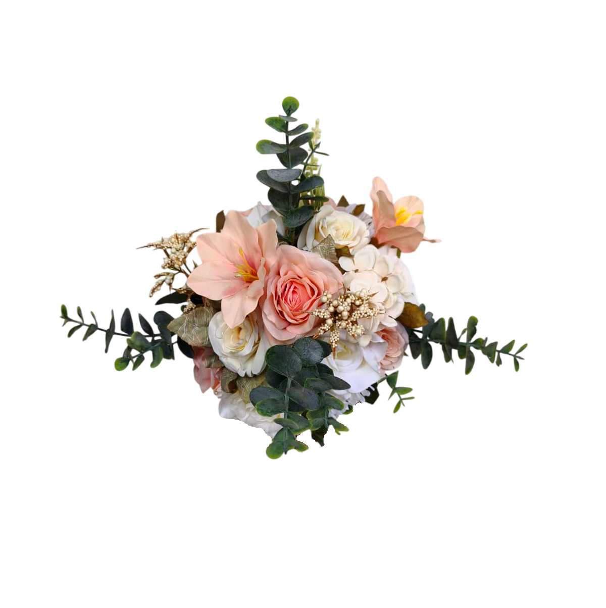buque BN179 (4) Buquê de noiva permanente com rosas artificiais nas cores rosa claro e branco, folhagens de eucalipto e cabo envolvido em fita de cetim rosé com laço e pérola.