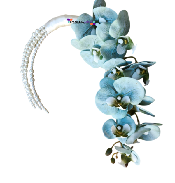 Buquê Aro de Pérolas e Orquídeas Azuis Super Realista - Hoop Bouquet - Buquê Moderno