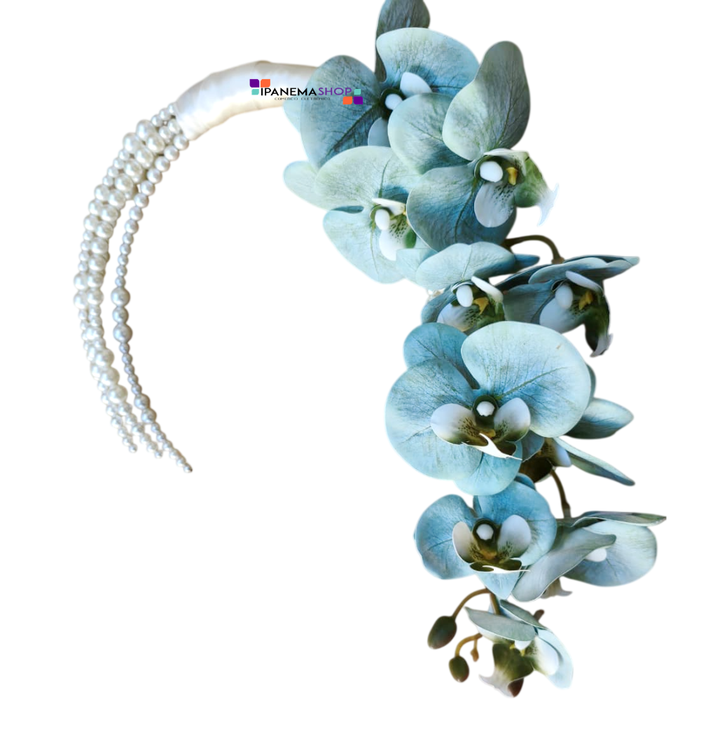 buque de orquideas - ipanemashop (3) Buquê Aro de Pérolas e Orquídeas Azuis Super Realista - Hoop Bouquet - Buquê Moderno