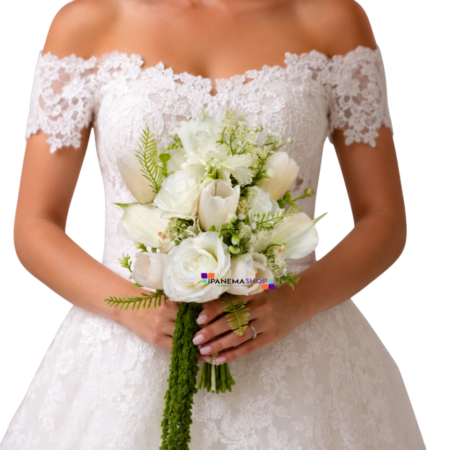 Buquê de Noiva Branco e Verde – Buquê Permanente Moderno Rosa Tulipa e Copo de Leite