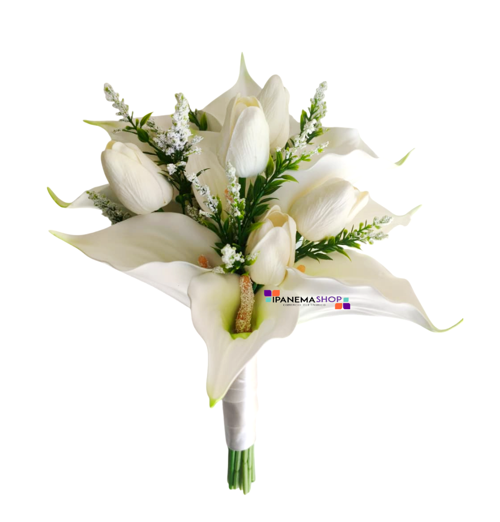 buquê de noiva permanente com copo de leite e tulipas brancas, buquê moderno e elegante