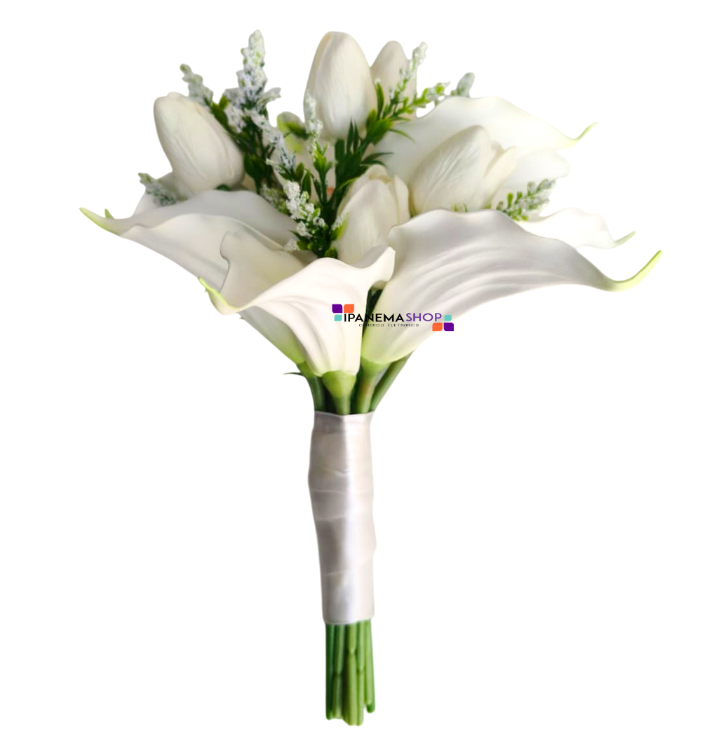 buquê de noiva permanente com copo de leite e tulipas brancas, buquê moderno e elegante