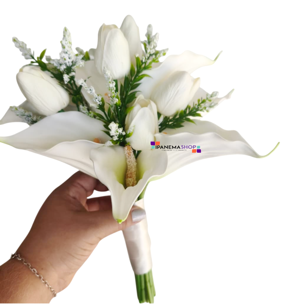 buquê de noiva permanente com copo de leite e tulipas brancas, buquê moderno e elegante