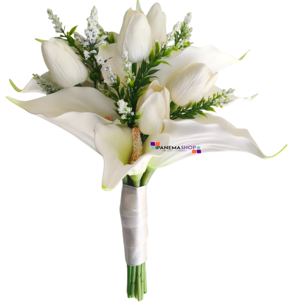 buquê de noiva permanente com copo de leite e tulipas brancas, buquê moderno e elegante