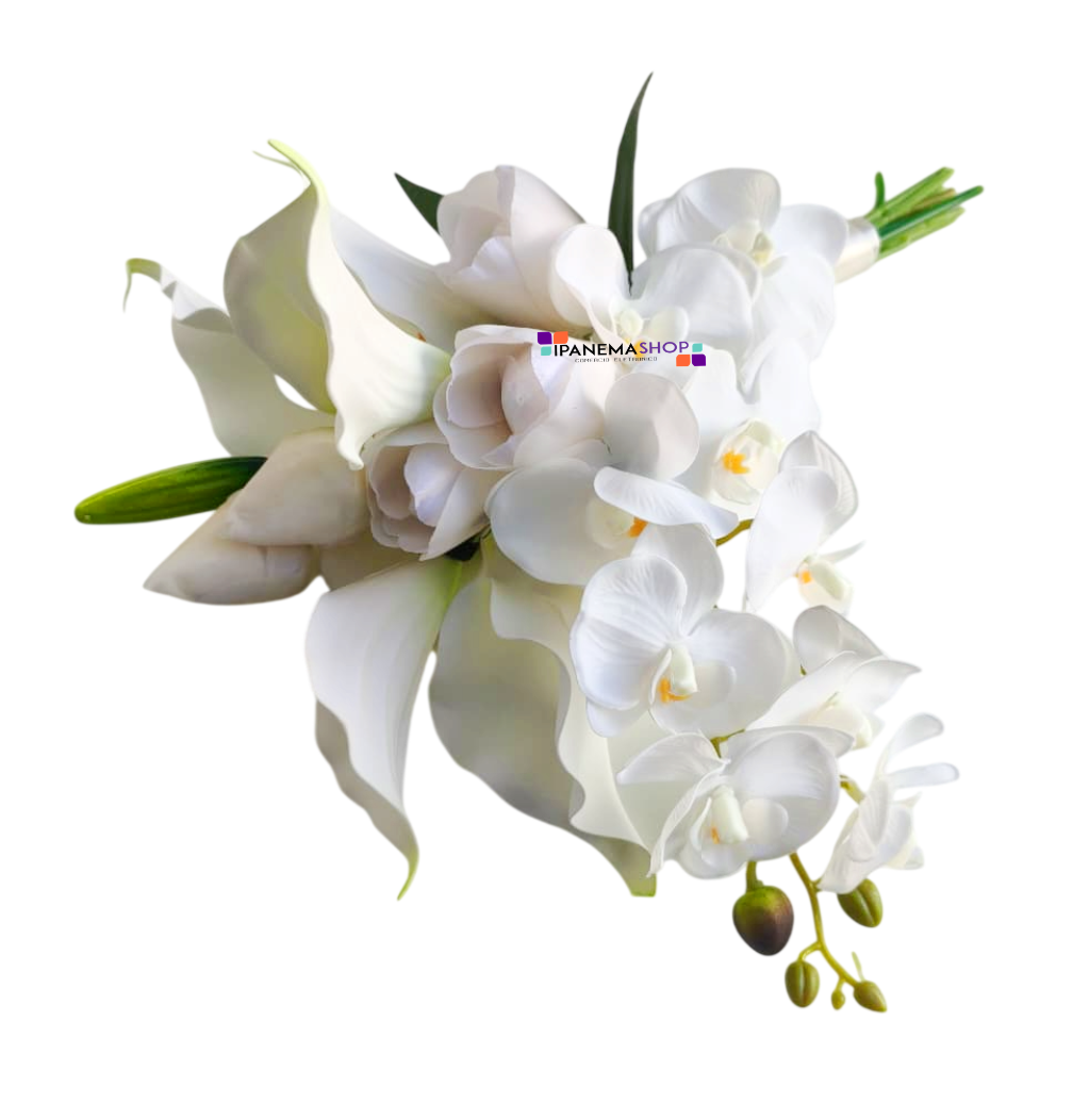 buquê de noiva copo de leite tulipa e orquídeas