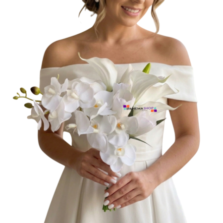Buquê de Noiva Moderno Copo-de-Leite, Tulipas e Orquídeas Phalaenopsis Brancas Buquê de Noiva Moderno Copo-de-Leite, Tulipas e Orquídeas Phalaenopsis Brancas
