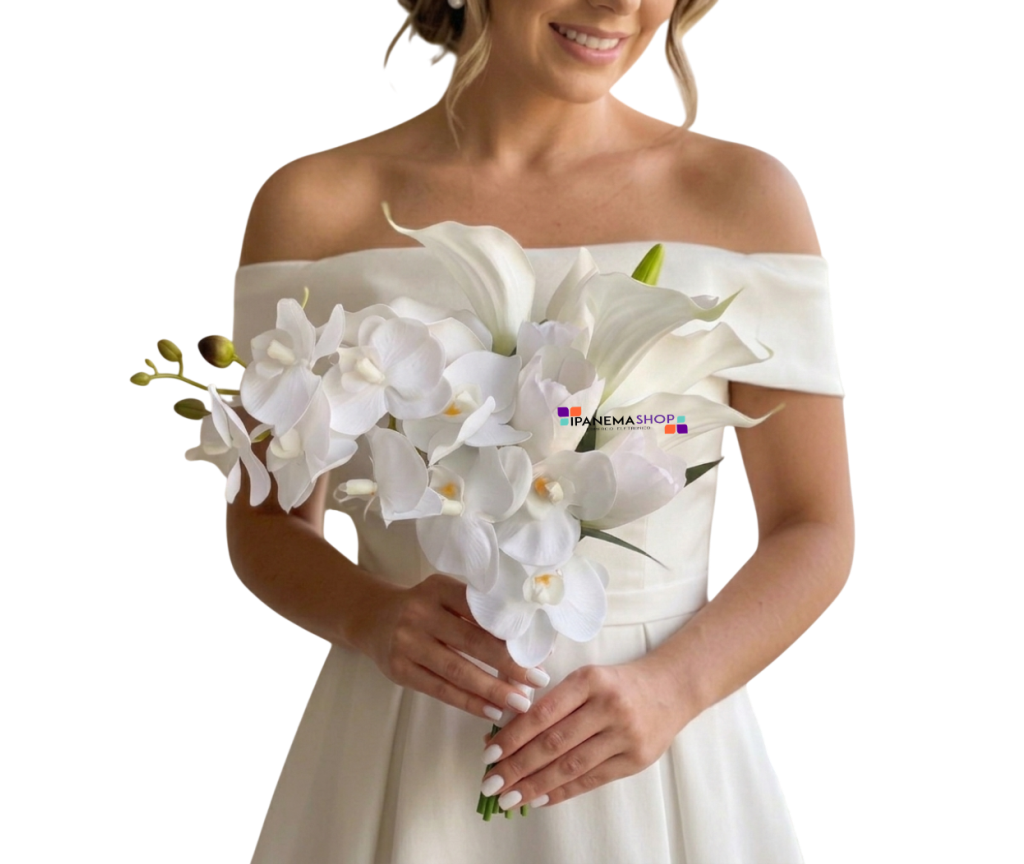 buquê de noiva copo de leite tulipa e orquídeas