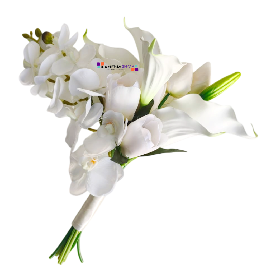 buquê de noiva copo de leite tulipa e orquídeas
