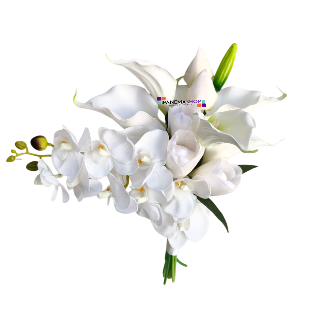 buquê de noiva copo de leite tulipa e orquídeas