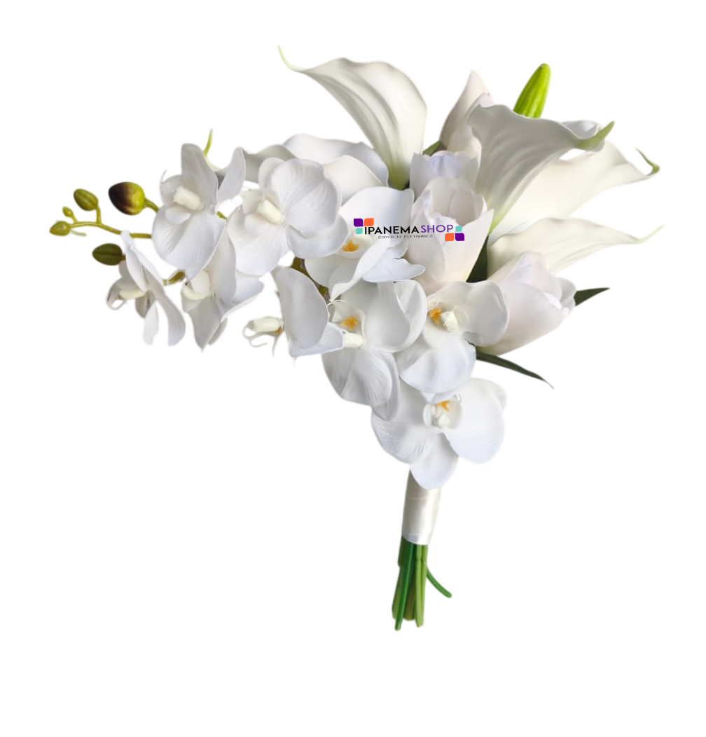 buquê de noiva copo de leite tulipa e orquídeas