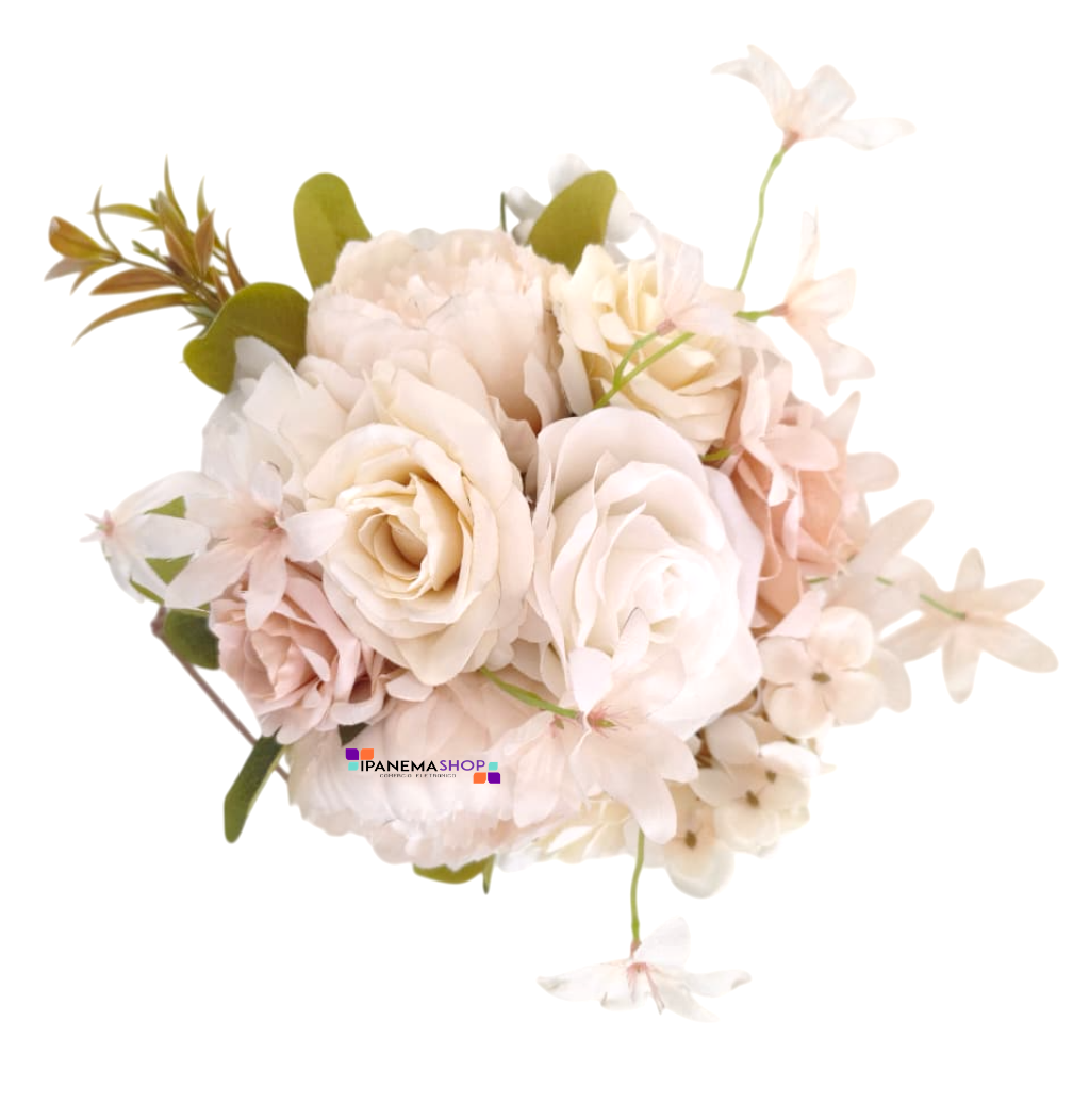 Buquê de noiva permanente com rosas off-white, rosa chá e raminhos delicados, com cabo encapado em fita de cetim.