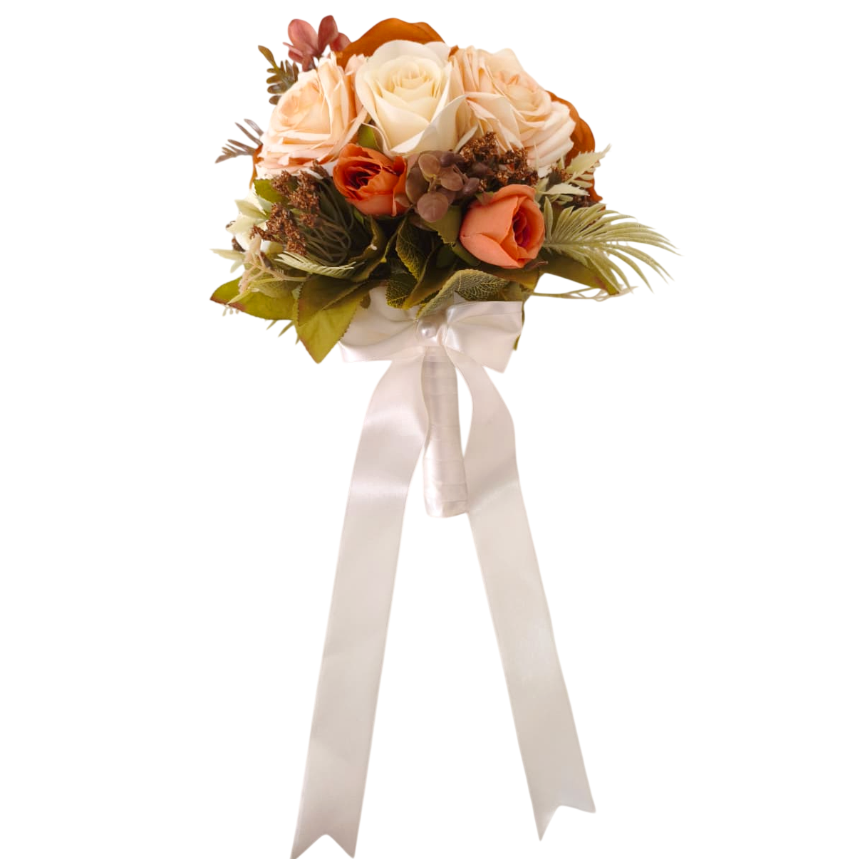 buquê de noiva permanente com rosas champagne e tons terrosos estilo boho chic com fita de cetim
