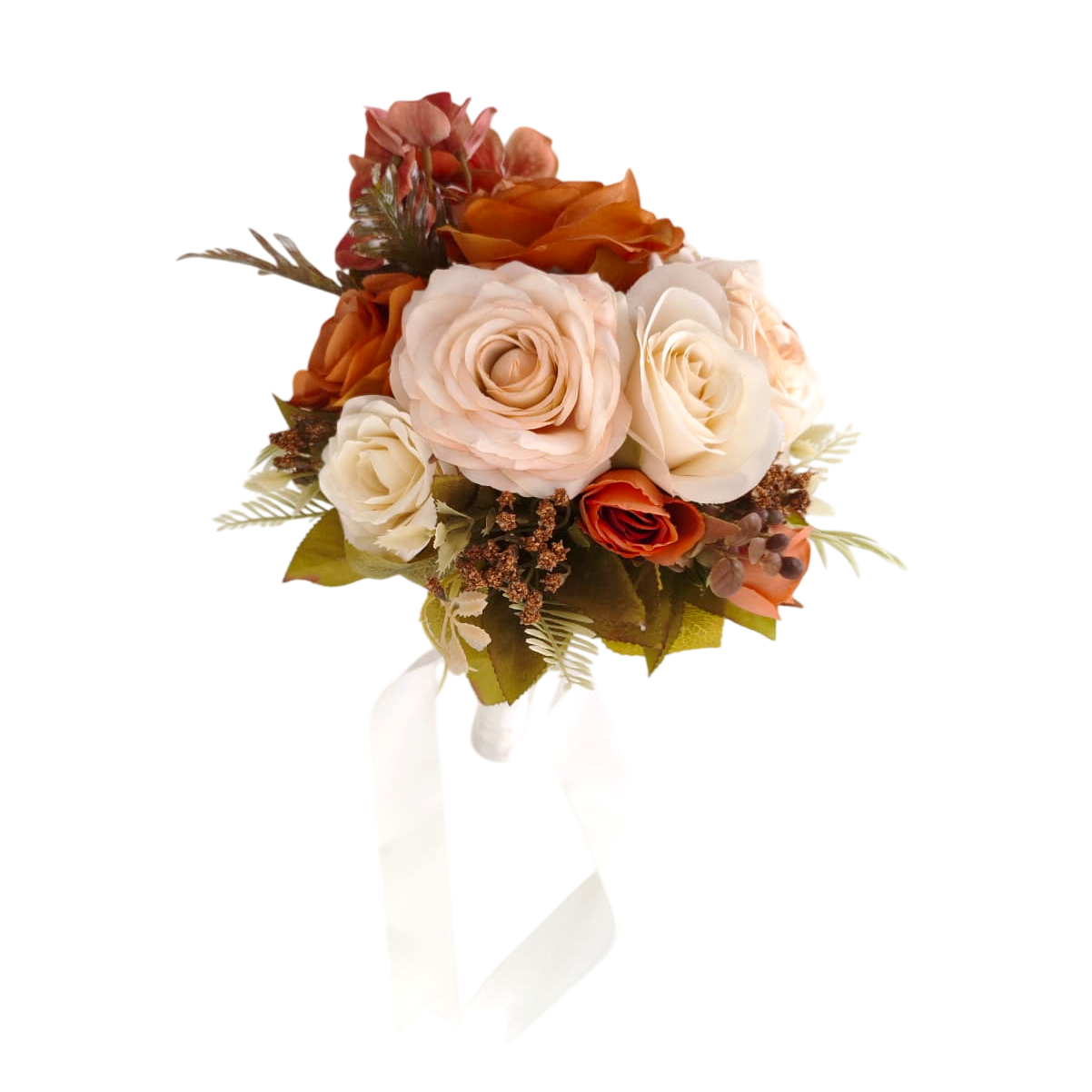 buquê de noiva permanente com rosas champagne e tons terrosos estilo boho chic com fita de cetim