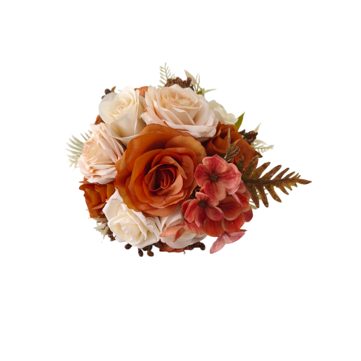 buquê de noiva permanente com rosas champagne e tons terrosos estilo boho chic com fita de cetim