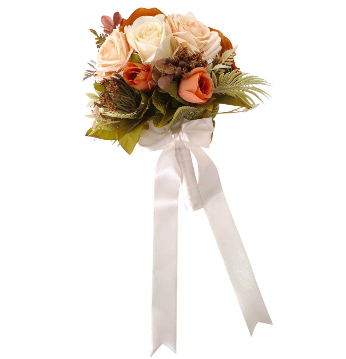 buquê de noiva permanente com rosas champagne e tons terrosos estilo boho chic com fita de cetim